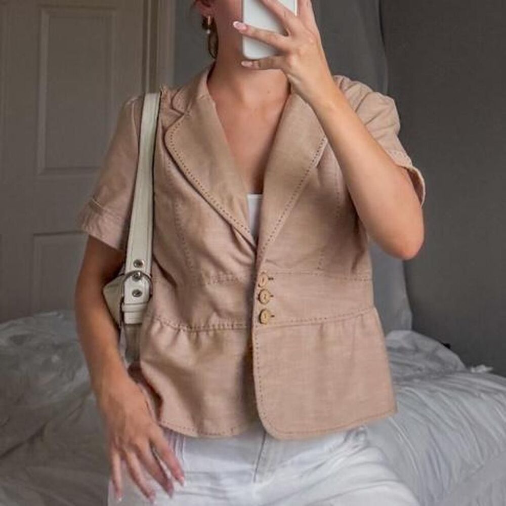 tan cotton short sleeve blazer sz l